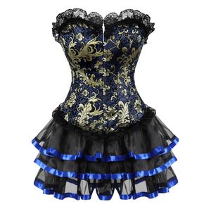 Bustier Corsetti Donna Vintage Corsetto in pizzo floreale Abito vittoriano Sexy Satin Jacquard Lingerie con mini gonna Tutu Set Burlesque BustierB