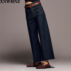 XNWMNZ ZA Women Fashion Patch Pitch Pocket Marine جينز مستقيمة السيدات خمر الجينز الجينز العالي الخلاص بنطلون البنات 210302