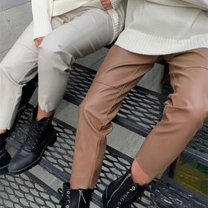 Yiyiyouni cintura alta calça de couro solto cordão solteira calça de pu calças de outono sólido fêmea sólida 220325