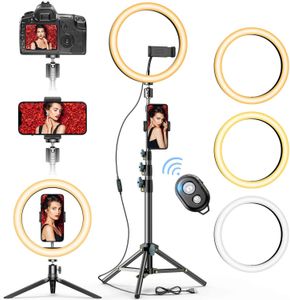 Venta al por mayor de anillo ligero selfie luces trípodes monopods accesorios cámaras foto actualizada trípode soporte 2 titular de teléfono giratorio obturador remoto 120 perlas de lámpara