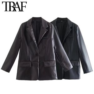 TRAF Women Fashion Front Button Faux Leather Blazer Coat Vintage Long Sleeve Flap Pockets Female Outerwear Chic Veste Femme 220813