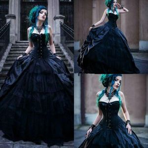 Victoria Gotik Siyah Gelinlik Straplez Punk Style Uzun Vintage Country Gowns Özel Katmanlı Artı Boyut Korse Gelin Elbiseler 2022