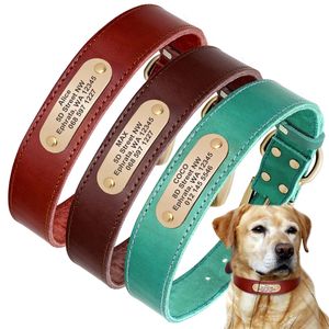 Real Leather Dog Collar Personlig PET -ID -krage Anpassad graverad tagg för små stora hundar Pitbull German Shepherd XXL 220610