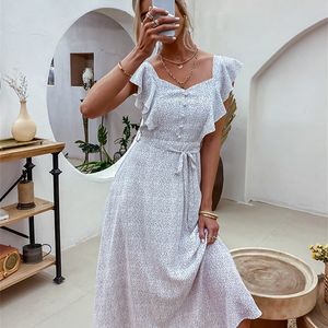 Casual Polka Dot Printed High midja Women Dress Summer V-ringen ärmlös Vestidos ruffled Lace-up Maxi Sundress 220511