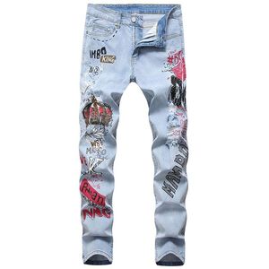 Marca de moda de jeans masculina para homens rasgados pichações de picha de grafite slim calças de jeans masculino coroa de azul claro preto dyl027men's