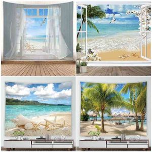 Ocean Tapestry Nature Beach Seaside Seagulls Shell Starfish Flowers Palm Trees Wall Hanging Home Living Room Bearoom Decor Mural J220804