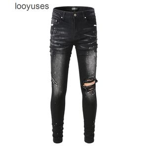 Джинсовые дизайнерские джинсы Amirs Amires High Street Brand Черные перфорированные джинсы с брызгами Мужские летние