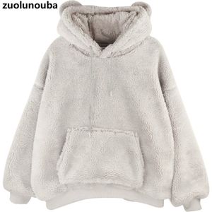 Winter Plus Samt Koreanische Version Von Bär Ohren Nette Lose Damen Hoodie Nachahmung Lamm Plüsch Süße Cartoon Frauen Sweatshirt 220816