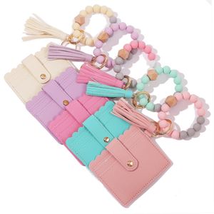 PU Leather Card Holder Silicone Bead Bracelet Keychain Ball Softball Baseball Wooden Beaded Bracelets Tassel Keyring