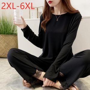 Pista da donna più dimensioni percorsi autunno inverno donne pigiami set di cotone a maniche lunghe in pizzo nero abiti da casa nera 3xl 4xl 5xl 6xlwomen's