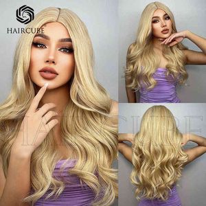 Synthetic wig golden medium length curly wigs high temperature silk material daily application 220527