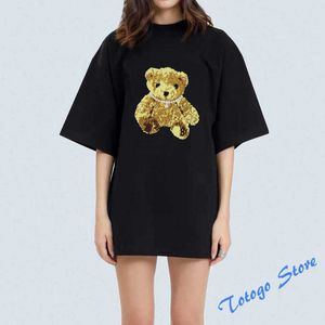Welldone T-Shirts Summer Heavy Pearl Necklace Teddy Bear Embroidery Pattern Oversize Men Woman Patch Casual New We11done Tee