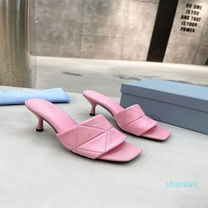 2022ss solid high-heeled women's slippers nappa quilted leather slides sandals size 35-43 6363