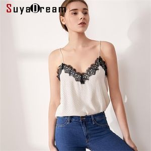 Suyadream Kvinnor Silk Vit Camisole 100% Real and Lace Camis Spring Summer Black Chic Top 220325
