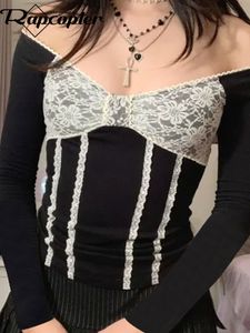 Rapcopter Y2K Lace Crop Top Backless Tie Up Kawaii T Shirt Manga Completa V Pescoço Curvated Pullovers Retro Fairycore Mulheres Tees
