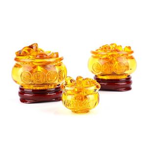 Dekorativa föremål Figurer Feng Shui Kinesiska kristallguld Glasgul rikedom Cornucopia Treasure Bowl Statue DekorationDekorativ