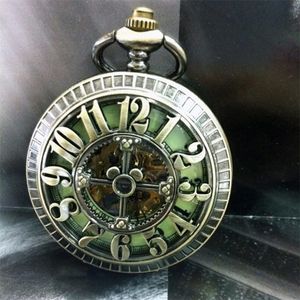 Big Arabic Number Hollow Cross Design Vintage Cutout Bronze Mechanical Pocket Watch T200502