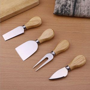 Utensili per formaggio Coltelli per formaggio Set da tavola Manico in quercia Forchetta per burro Kit coltello spalmatore Cucina Accessori utili 4 pezzi / set