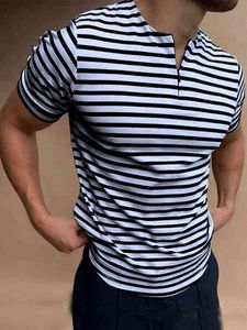 Casual Mens Striped T-shirts Summer Slim Fit Short Sleeve Pullover Tops 2022 New Fashion Zipper O-Neck Tee Shirts Men Streetwear Y220426