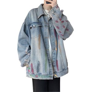 Herrenjacken Ausgefranste Jeansjacke Mann Graffiti Art Sense High Street Herren Turn-Down-Kragen Einreiher Kausal HerrenHerren