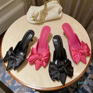 2022-Slippers Cover Toe Female Shoes Casual Slides Butterfly-Knot Thin Heels Low 2022 Luxury Basic Rome Spring PU Fabr