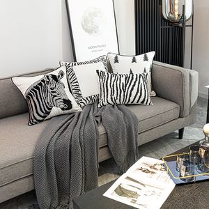 Luxury Chenille Embroidery Zebra Pillow Cases Nordic Designer Black White Geometry Waist Cushion Covers Living Room Sofa Throw Pillow Cover