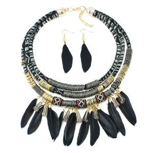 Earrings & Necklace African Jewelry Set Feather Pendant Multi Layers Tribal Bib Statement Earring For WomenEarrings