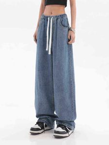 2022 Early Autumn Women Fashion Classic Wide Blowjob High Waist Blue Jean Pants Cord Lace Up Loose Dweilen Denim Pants L220726