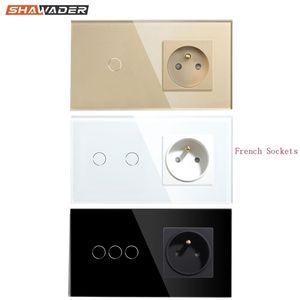 French Wall Socket Light Switch 1/2/3 gäng med 1 -vägs elektriska vägguttag Crystal Glass Touch Panel 16A Frankrike Rektangulär T200605