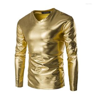 Herren T-Shirts Bronzing V-Ausschnitt T-Shirt Männer T-Shirt Camisa Masculina Teenagermode Slim Sexy Glossy Herren Langarm T-Shirt GoldMen's Bles2