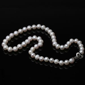Collana annodata a mano bianca lunga d'acqua dolce naturale, collana di perle rotonde da 8-9 mm da 18 pollici