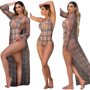 Fashion Summer Plaid Printed Tracksuits For Womens V-hal Bikini Romper och Casual Long Sleeve Cape Brand 2 Piece Set K7112