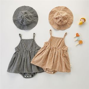 2022ベビーロンパースとバケツ帽子コットン格子縞幼児の服装セット夏の赤ちゃん女の子服子供のジャンプスーツ