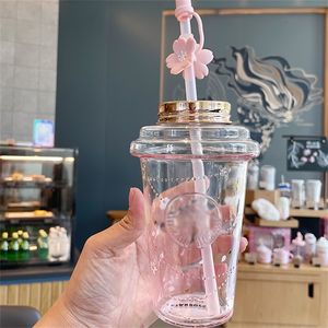 De nieuwste 16oz Starbucks Straw Glass Coffee Mok met deksel Cherry Blossom Goddess gradient stijl Water Cup aparte doosverpakking ondersteuning voor aangepast logo 668 E3