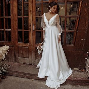 NEU Open Back V-Ausschnitt Boho Vintage bloße Ärmel Hochzeitskleid Beach Country Satin Riched Braut Kleid Hochzeitskleid Kleid