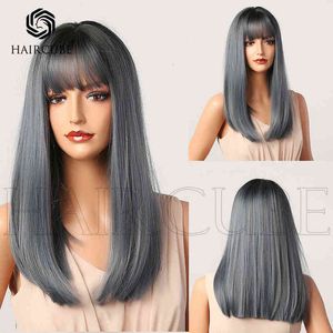 Wind Qi bangs haze blue long straight hair high temperature silk synthetic women's wigs fashionable and elegant 220527