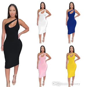 New Casual Midi Dresses For Women Solid Color Diagonal Shoulder Dress Sexy Hip Skirt Nightclub Wear