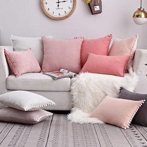 Cushion/Decorative Pillow 20 Colors Pompom Cushion Cover Sofa Chair Suede Lumbar Pillowcase Decorative Throw