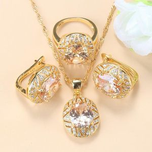 Jóias de casamento elegantes femininas conjuntos de brincos de clipe de zircão de champanhe e pendente anel de ouro de cor de ouro 222