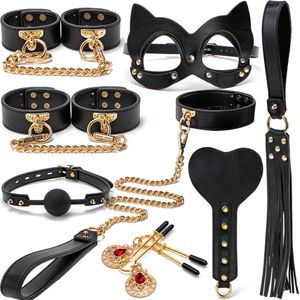 Сексуальные кожаные бдсмбит -экипировки набора наручников с ножными веревками веревка с завязанными глазами Сексуальные игрушки для пар экзотические взрослые продукты