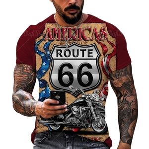 米国ルート66 3DプリントメンズTシャツ夏通りの路線のトップストップスティーティー大量の男性Tシャツビンテージ服6xl 220607