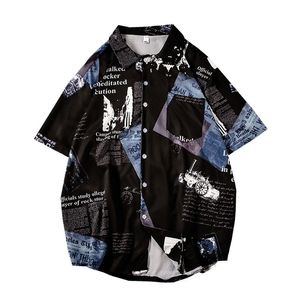 Summer New Vintage Streetwear Casual Shirt Men Design Loose Short Sleeve Newspaper Printed Social Shirts White Black 4XL 5XL 210412