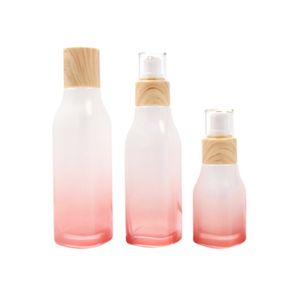 Gradient Pink Glass Bottle False Wooden Collar White Lotion Spary Pump With Plug Clear Cover Portable Refillable Cosmetic Packaging Container 40ml 100ml 120ml