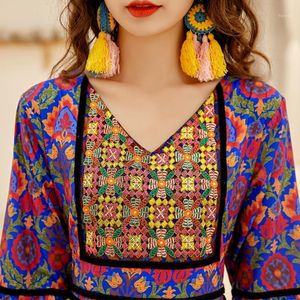 Wholesale ethnic print vestidos for sale - Group buy Hippie Chic Contrast Print Embroidered Dress V Neck Long Sleeve Bohemian Ethnic Holiday Dresses Vestidos Fall Casual