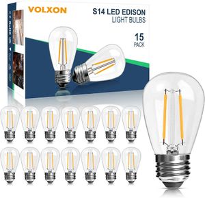 Volxon 15 Pack S14 Replacement LED Bulbs for Outdoor String Lights 2700K Warm White 2W E26 Base Edison Bulbs Equivalent 20 Watt