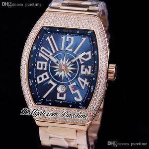 Vanguard Classic V45 A21J Automatik Herrenuhr Dimaonds Lünette Roségold Blaues Innenzifferblatt Weiße große Zahlenmarkierungen Edelstahlarmbanduhren Puretime E245g7