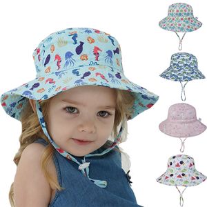 Toptan çocuk kovaları şapkalar pamuk çocukları güneş şapkası 20 renk katı çiçek bebek sunhat yürümeye başlayan çocuk kızlar erkek kızlar yaz karikatür balıkçı tarzı rüzgar ipi