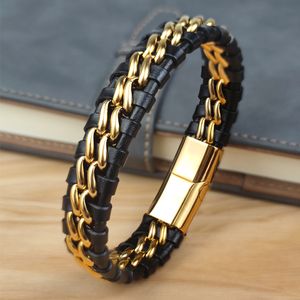 Genuine Leather Chain Bracelet for Men Magnetic Stainless Steel Clasp in Black Silver Gold Exclusive Jewellery Great Gift Idea