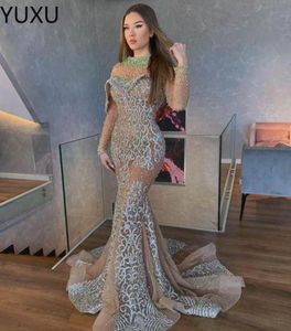 Nyaste lyxiga ren nacke sjöjungfru aftonklänningar pärlor sequined prom klänningar elegant formell klänning specialfest klänningar