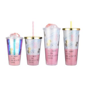 1pc Pink Pineapple Coffee Mugs BPA Free Plastic Water Bottle Travel Mug Portable Tea Milk Juice Cup With Straw Drinkware 20220608 D3